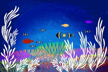 Fototapeta na wymiar Colorful aquarium coral reef algae aquatic marine life tropical plants and fishes in ocean water painted artwork vector picture image banner background template 