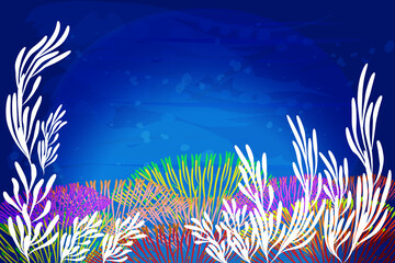 Fototapeta na wymiar Colorful aquarium coral reef algae aquatic marine life tropical plants in the ocean water painted artwork vector picture image banner background template 