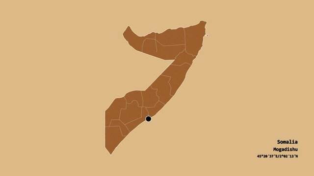 Awdal, region of Somalia, with its capital, localized, outlined and zoomed with informative overlays on a solid patterned map in the Stereographic projection. Animation 3D