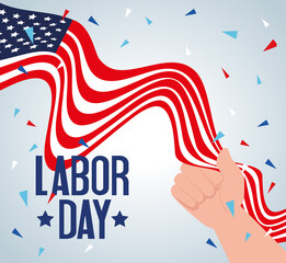 happy labor day holiday banner with hand and united states national flag