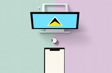 Saint Lucia national flag on computer screen top view, cupcake and empty note paper for planning. Minimal concept with turquoise and purple background.