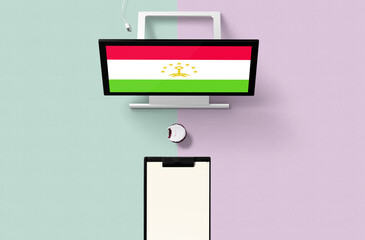 Tajikistan national flag on computer screen top view, cupcake and empty note paper for planning. Minimal concept with turquoise and purple background.