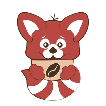 Vector image of a red panda, a red animal with a cup of coffee, a coffee grain on a cup and a small animal, blank for a design logo, pattern