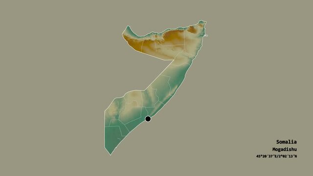 Jubbada Hoose, region of Somalia, with its capital, localized, outlined and zoomed with informative overlays on a relief map in the Stereographic projection. Animation 3D