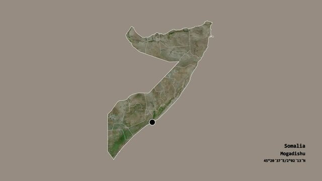 Jubbada Hoose, region of Somalia, with its capital, localized, outlined and zoomed with informative overlays on a satellite map in the Stereographic projection. Animation 3D