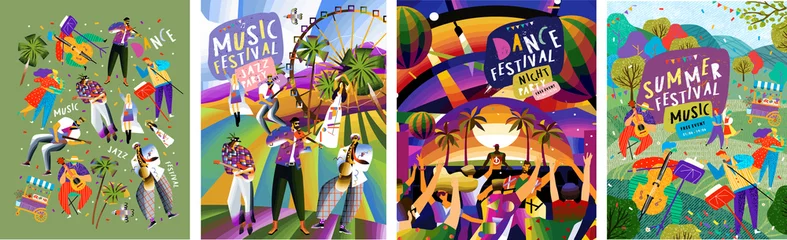 Foto op Plexiglas Musical summer dance festival. Vector illustration of musicians, dancers, disco, dancing people and dj in the street for poster, flyer or background.  © Ardea-studio