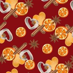 pattern new year Christmas. Sweets. Oranges. coffee. cinnamon. cookies. macaroon. Christmas tree. cocoa. marshmallow.