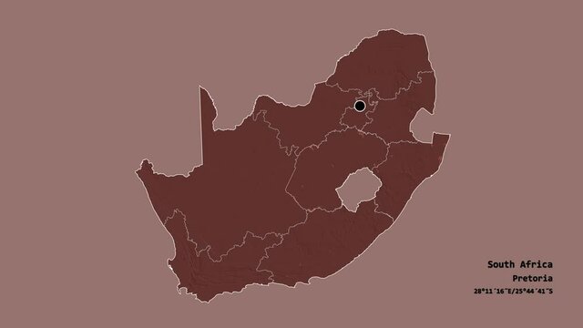 Free State, province of South Africa, with its capital, localized, outlined and zoomed with informative overlays on a administrative map in the Stereographic projection. Animation 3D