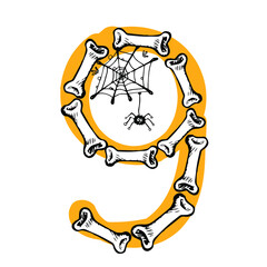 Number 9. the Number nine is isolated on a white background laid out of bones with a web and a spider. Vector illustration for decor, advertising, t-shirt print, Halloween holiday