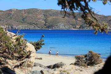Blue lagoon kedrodasos beach creta island rocky cost clear waters covid-19 season holidays modern background high quality print