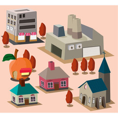 isometric building set flat illustration church house industry building