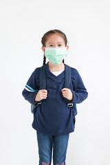 Portrait asian little kid girl with wearing medical mask isolated on white background