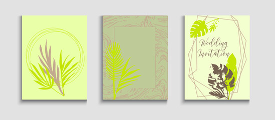Fototapeta na wymiar Abstract Trendy Vector Banners Set. Tie-Dye, Tropical Leaves Posters. 