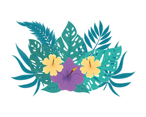 decoration of hibiscus yellow and purple color, with tropical leaves, spring summer botanical