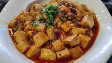Chinese cuisine tofu and mince with hot spicy sauce