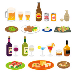 和風洋風お酒とおつまみのイラストセット/白背景