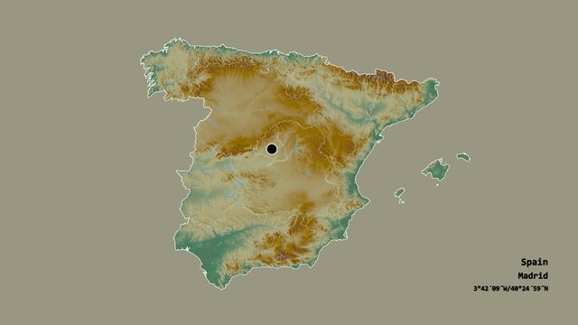 Extremadura, autonomous community of Spain, with its capital, localized, outlined and zoomed with informative overlays on a relief map in the Stereographic projection. Animation 3D