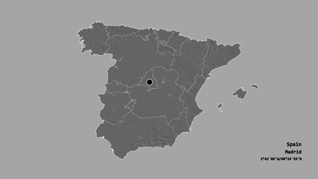 Principado de Asturias, autonomous community of Spain, with its capital, localized, outlined and zoomed with informative overlays on a bilevel map in the Stereographic projection. Animation 3D