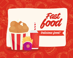 fast food poster, chicken with french fries and bottle beverage