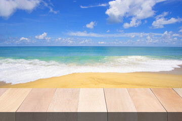 Fototapeta premium Wood table bar and beach background