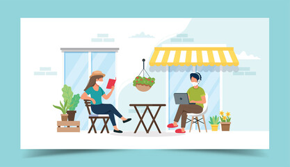 The new normal lifestyle. People wear masks in front of the cafe. Illustration of people operating a laptop and reading a book in front of the cafe