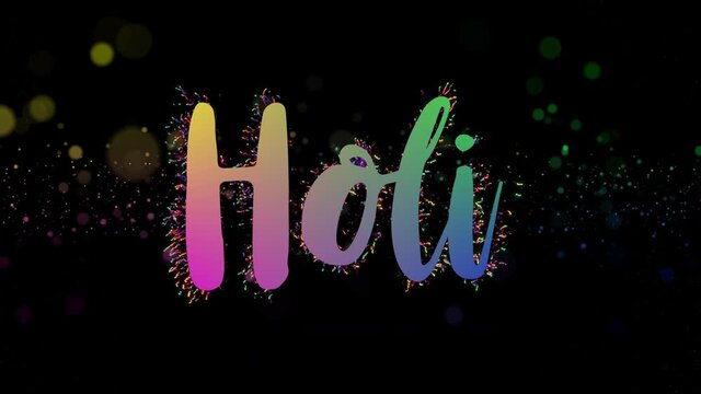 Happy Holi holiday greeting with vivid multicolored particles flying in a circle. Great for social media or email greetings. 