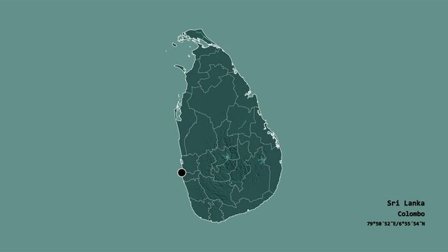 Mannar, district of Sri Lanka, with its capital, localized, outlined and zoomed with informative overlays on a administrative map in the Stereographic projection. Animation 3D