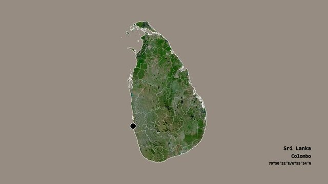 Matale, district of Sri Lanka, with its capital, localized, outlined and zoomed with informative overlays on a satellite map in the Stereographic projection. Animation 3D