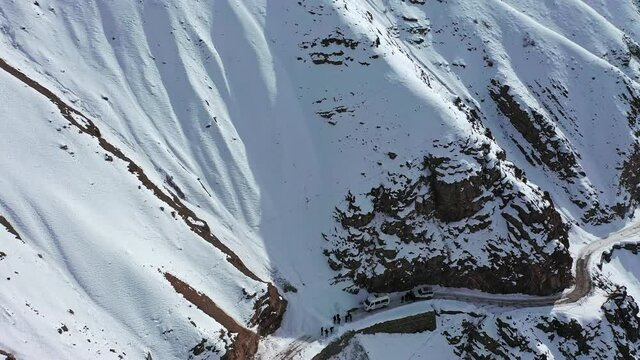 Aerial shot of Beautiful snow covered mountains of spiti , himachal pradesh in winters