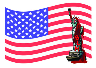 statue of liberty vandalized with the acronym BLM and USA flag in the background, red paint or blood, anti racism protests that occurred in the United States of America, vector illustration