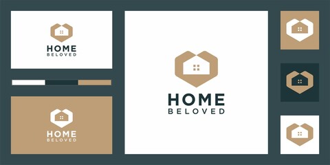 home beloved logo designs in elegant art lines. logo design and business card set. Premium vector