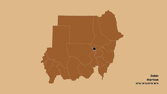 Central Darfur, state of Sudan, with its capital, localized, outlined and zoomed with informative overlays on a solid patterned map in the Stereographic projection. Animation 3D