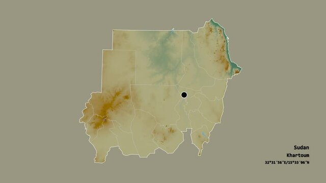 Central Darfur, state of Sudan, with its capital, localized, outlined and zoomed with informative overlays on a relief map in the Stereographic projection. Animation 3D