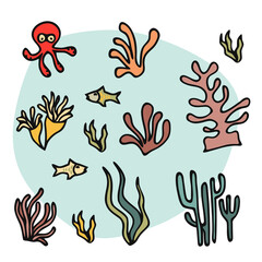 Fototapeta premium Sea corals. Underwater plants, hand drawn marine botanical seaweed, polyps and corals, sea flora vector illustration set. Ocean or aquarium coral and plant