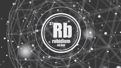 Rubidium chemical element. Sign with atomic number and atomic weight. Chemical element of periodic table. Molecule and communication background. Connected lines with dots.