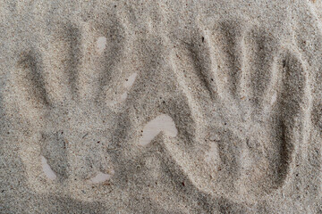 Human hand traces. Wood surface, fine sawdust and shavings.