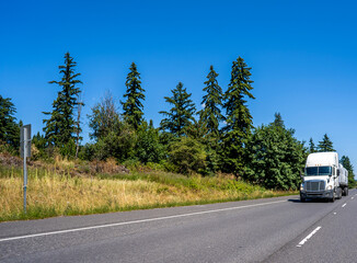 Fototapeta na wymiar White long hauler big rig semi truck transporting fastened cargo on flat bed semi trailer driving on the straight road with green trees on the side