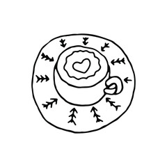 hand drawn cappuccino with heart Doodle style.Black outline on an isolated white background.Concept of new year holidays,happy new year, merry Christmas.Can be used for card,poster,banner web page