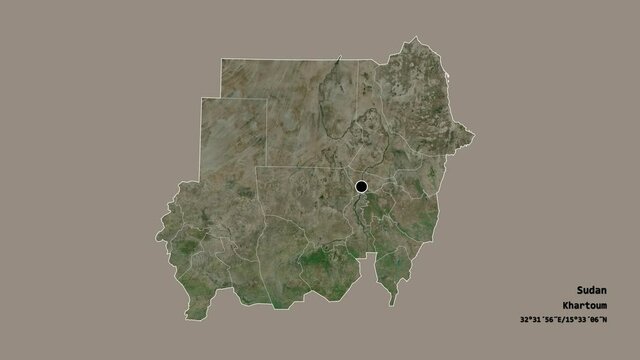 White Nile, state of Sudan, with its capital, localized, outlined and zoomed with informative overlays on a satellite map in the Stereographic projection. Animation 3D