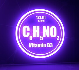 Chemical formula of niacin. Nicotinic acid or vitamin b3. Connected lines with dots background. 3D rendering. Neon shine