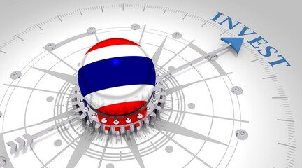 Business concept. Abstract compass points to the invest word. Flag of the Thailand. 3D rendering