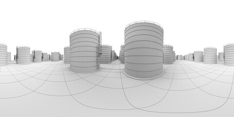 spherical panorama of the oil refinery, chemical production, waste processing plant, exterior visualization, 3D illustration