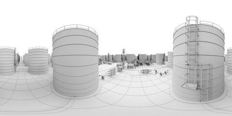 spherical panorama of the oil refinery, chemical production, waste processing plant, exterior visualization, 3D illustration