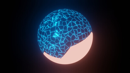 Illustration graphic of 3d render blue wired frame plasma sphere or circle and it's glowing shell, isolated on black background. seamless loop. Illustration of energy ball with shell.