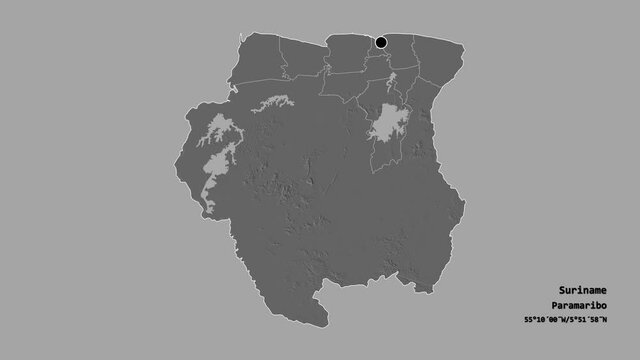 Para, district of Suriname, with its capital, localized, outlined and zoomed with informative overlays on a bilevel map in the Stereographic projection. Animation 3D