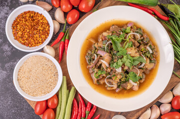 Spicy minced pork in a white plate.