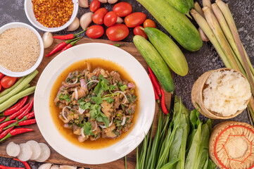 Spicy minced pork in a white plate.