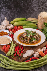 Spicy minced pork in a white plate.