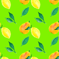 Pears and lemons on a green background. Seamless pattern with watercolor fruits.
