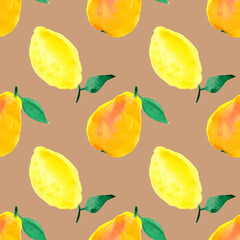 Pears and lemons. Seamless pattern with watercolor fruits.